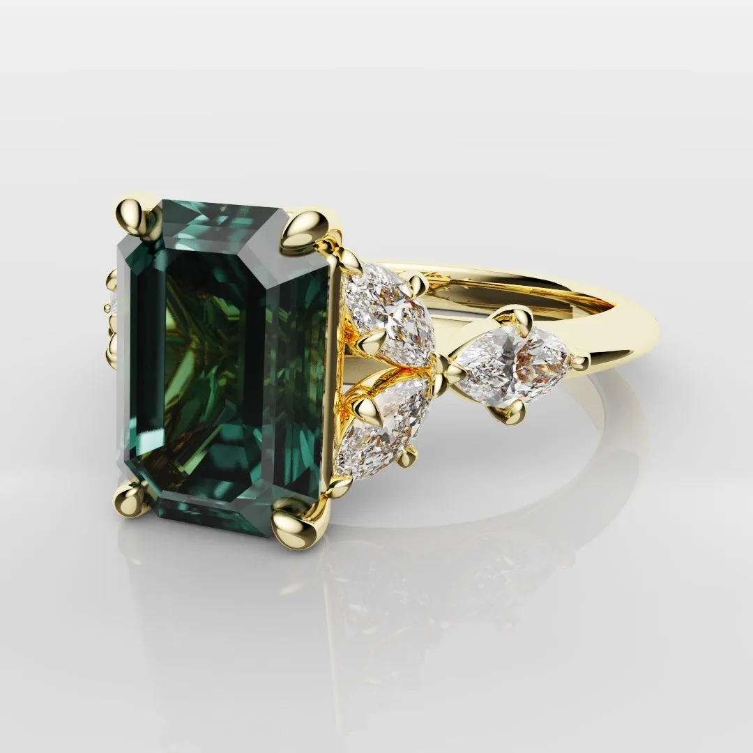 4ct Emerald Cut Teal Sapphire with Marquise Accent Diamonds