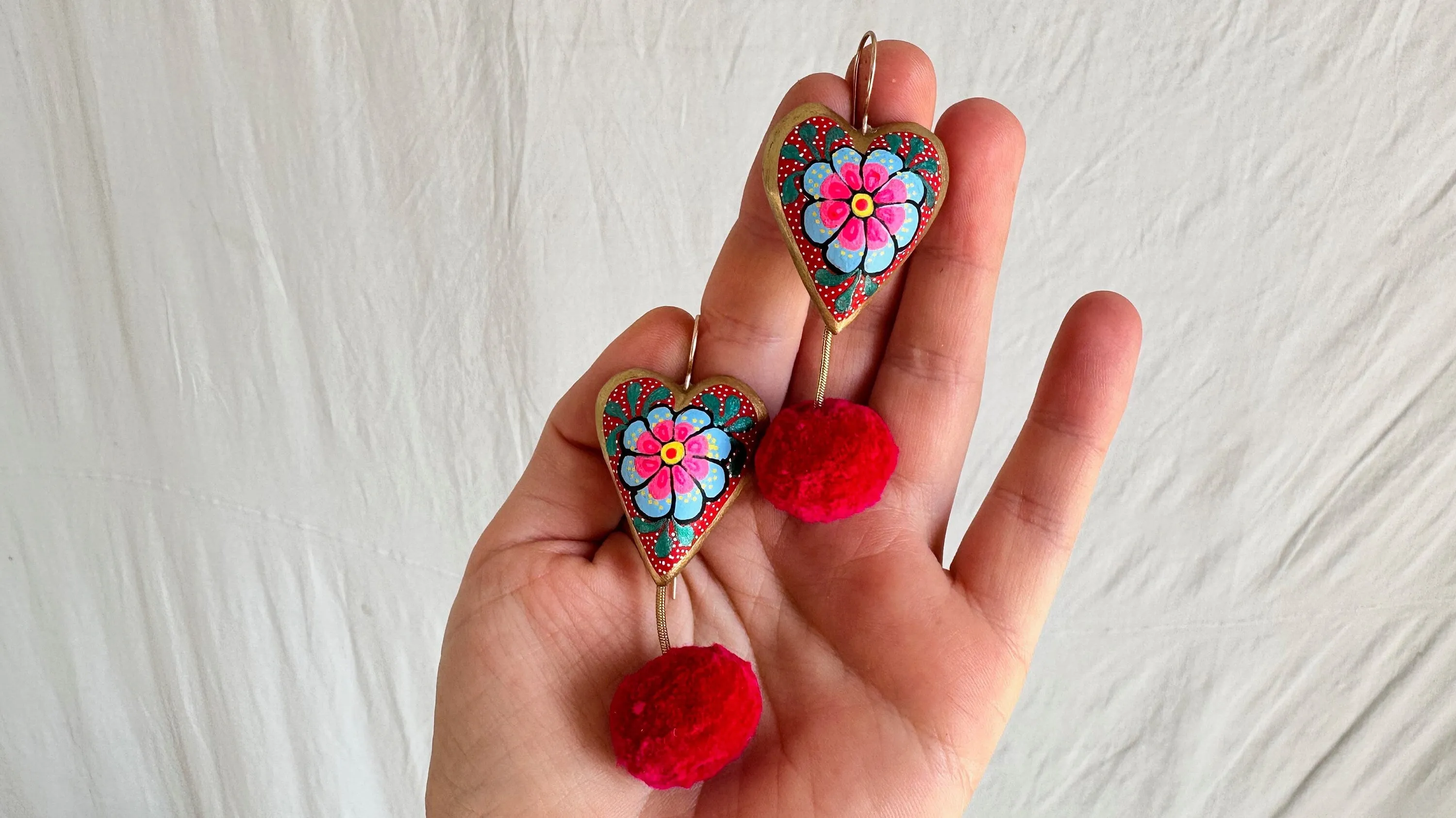Alebrije Heart and Pompom Earrings. Sterling Silver. Atelier Aadya. 1174
