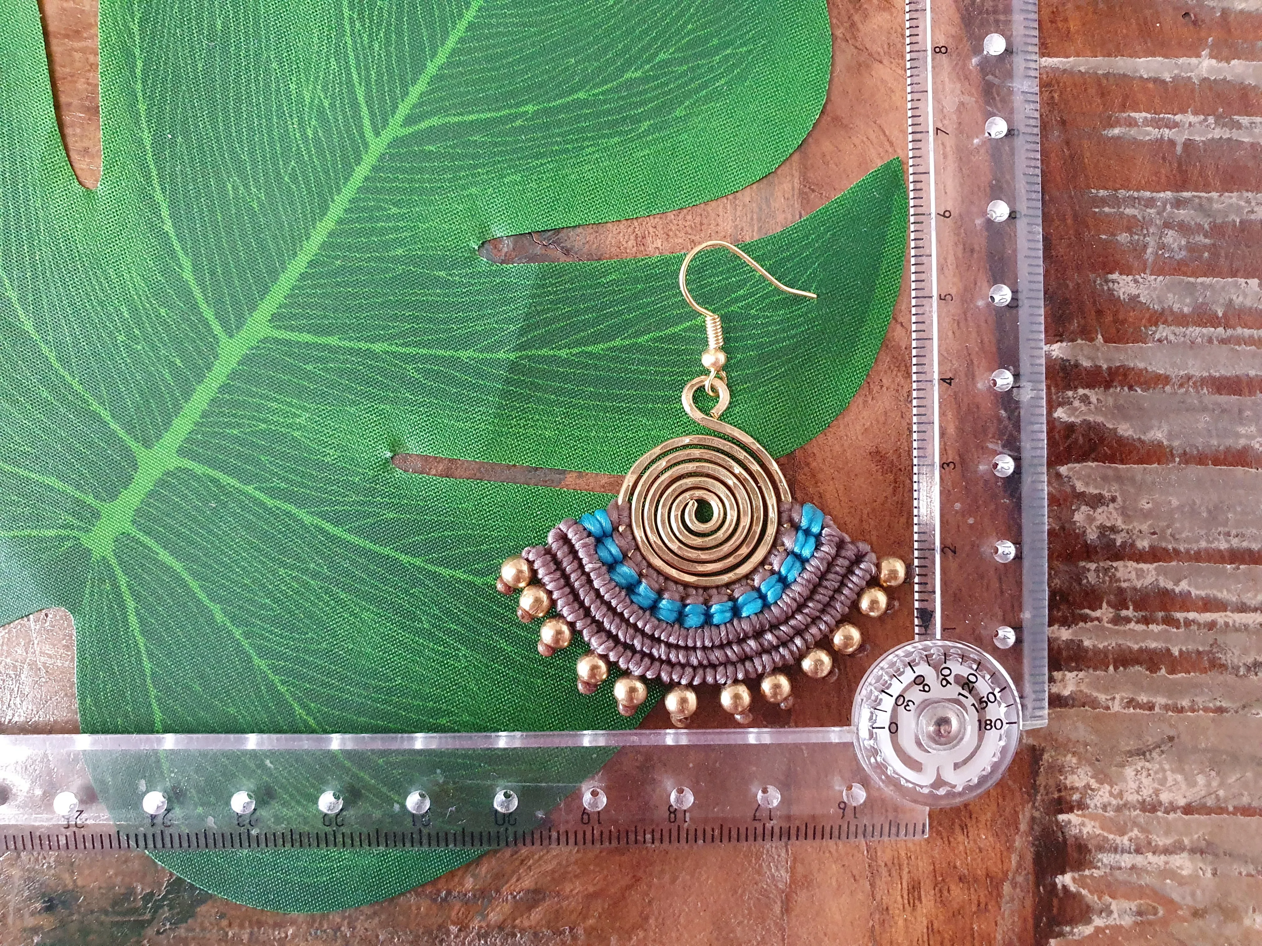 Blue & grey macramé earrings, eclectic statement Egyptian fan gold hammered spiral boho aztec Thai anniversary birthday present for woman wife