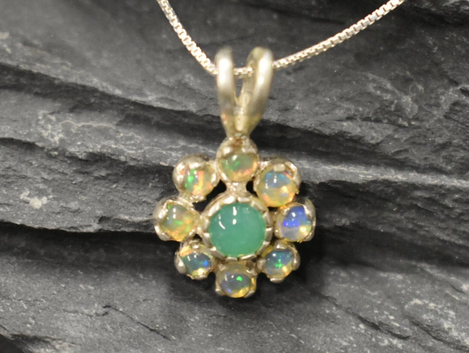Flower Opal Pendant - Green Chrysoprase Necklace - Vintage Flower Necklace