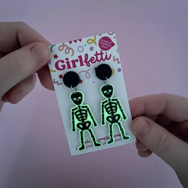 Glow in the Dark Skeleton Halloween Dangle Earrings