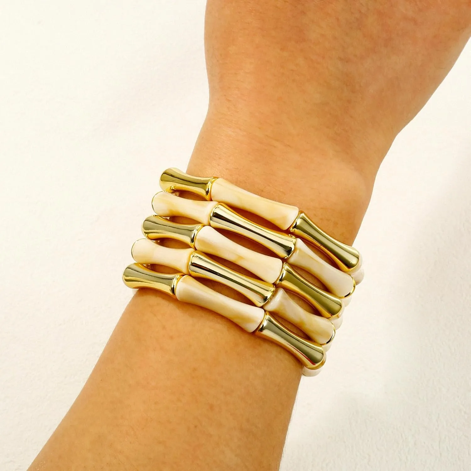 Gold Tube Bangle Bracelets for Women Stackable Bamboo Chunky Acrylic Beads Stretch Friendship Summer Beach Bracelet Jewelry