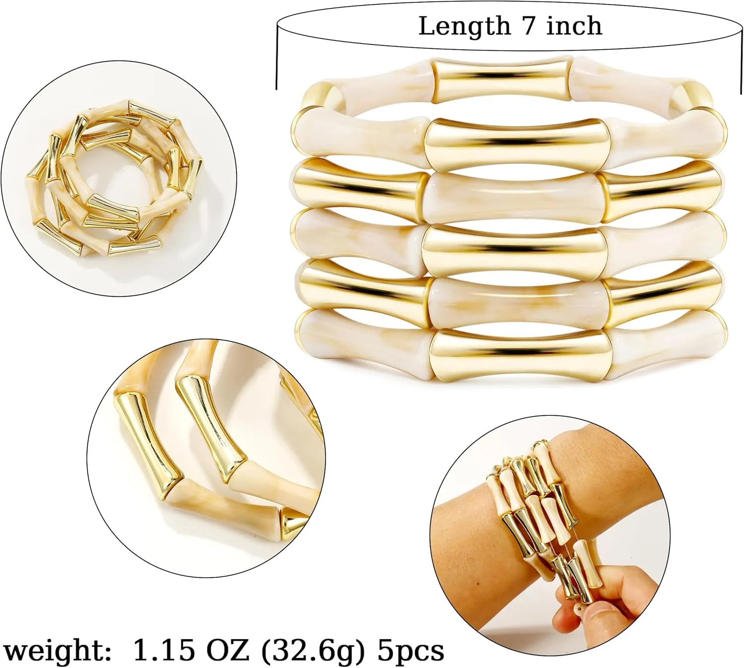 Gold Tube Bangle Bracelets for Women Stackable Bamboo Chunky Acrylic Beads Stretch Friendship Summer Beach Bracelet Jewelry
