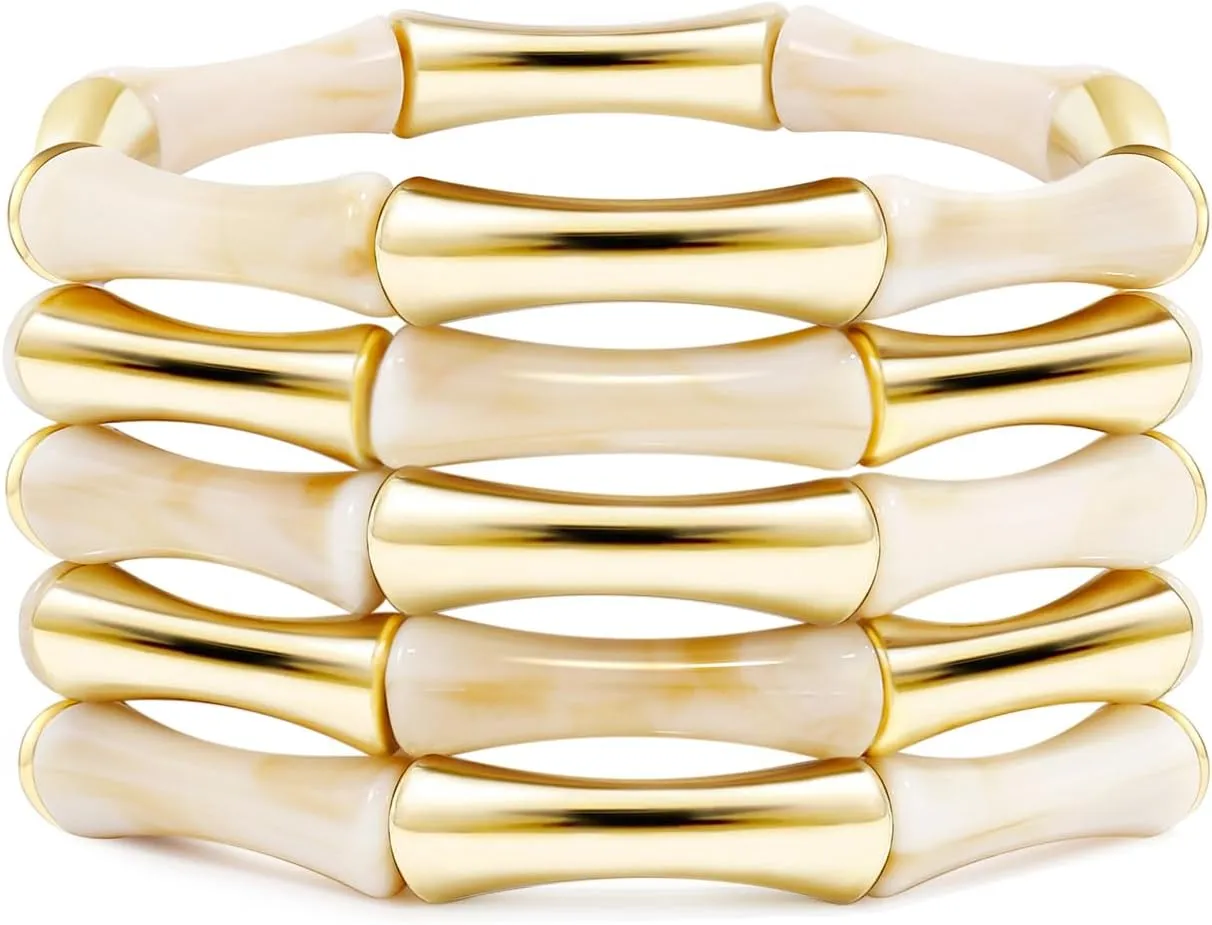 Gold Tube Bangle Bracelets for Women Stackable Bamboo Chunky Acrylic Beads Stretch Friendship Summer Beach Bracelet Jewelry