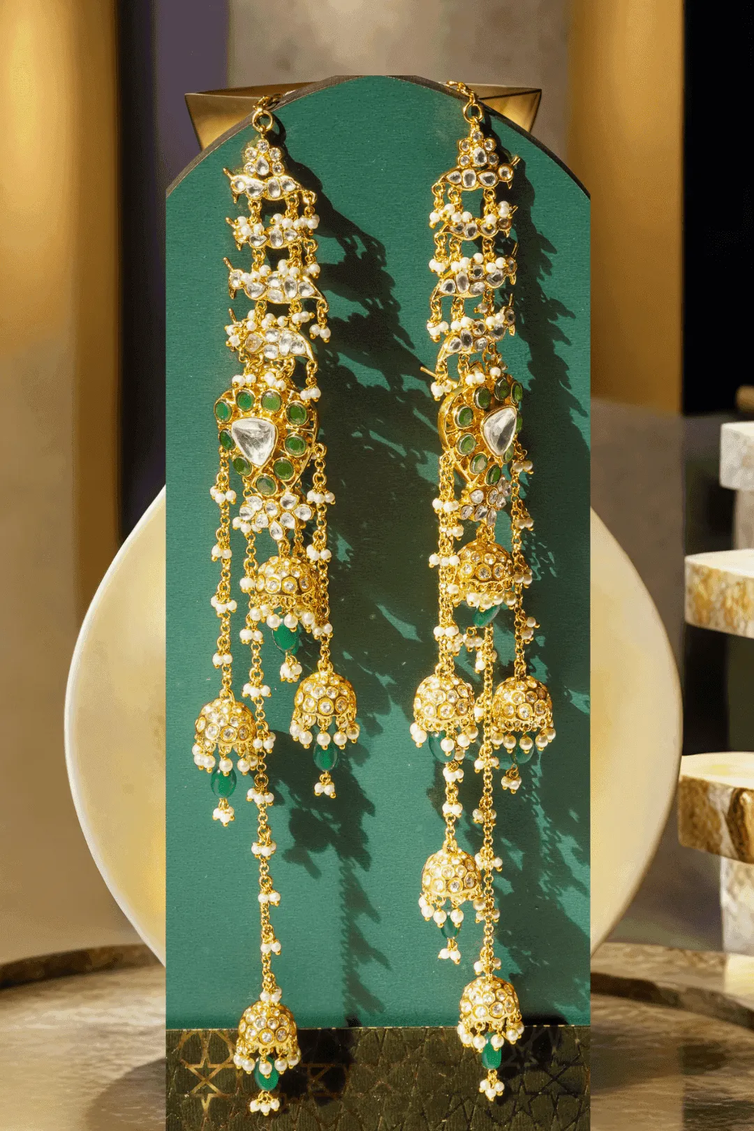 Hafsa - Golden Moissanite Polki & Kundan Long Earcuff Earrings