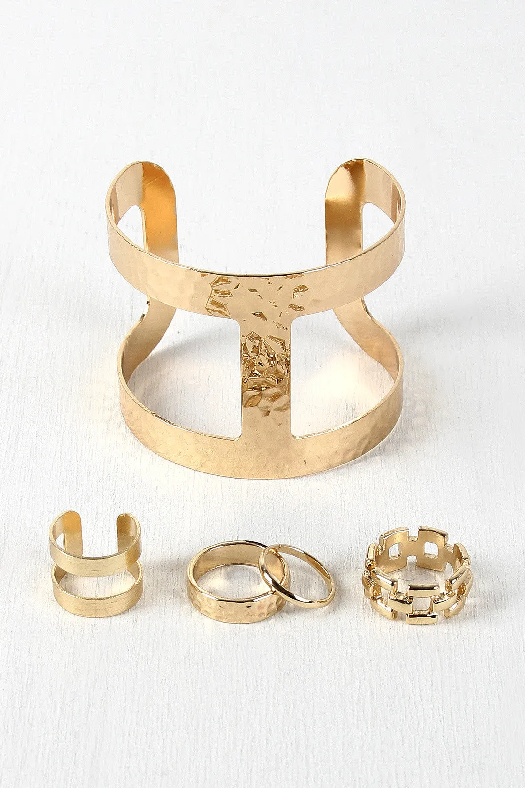 Hammered Cutout Cuff And Chain Ring Set