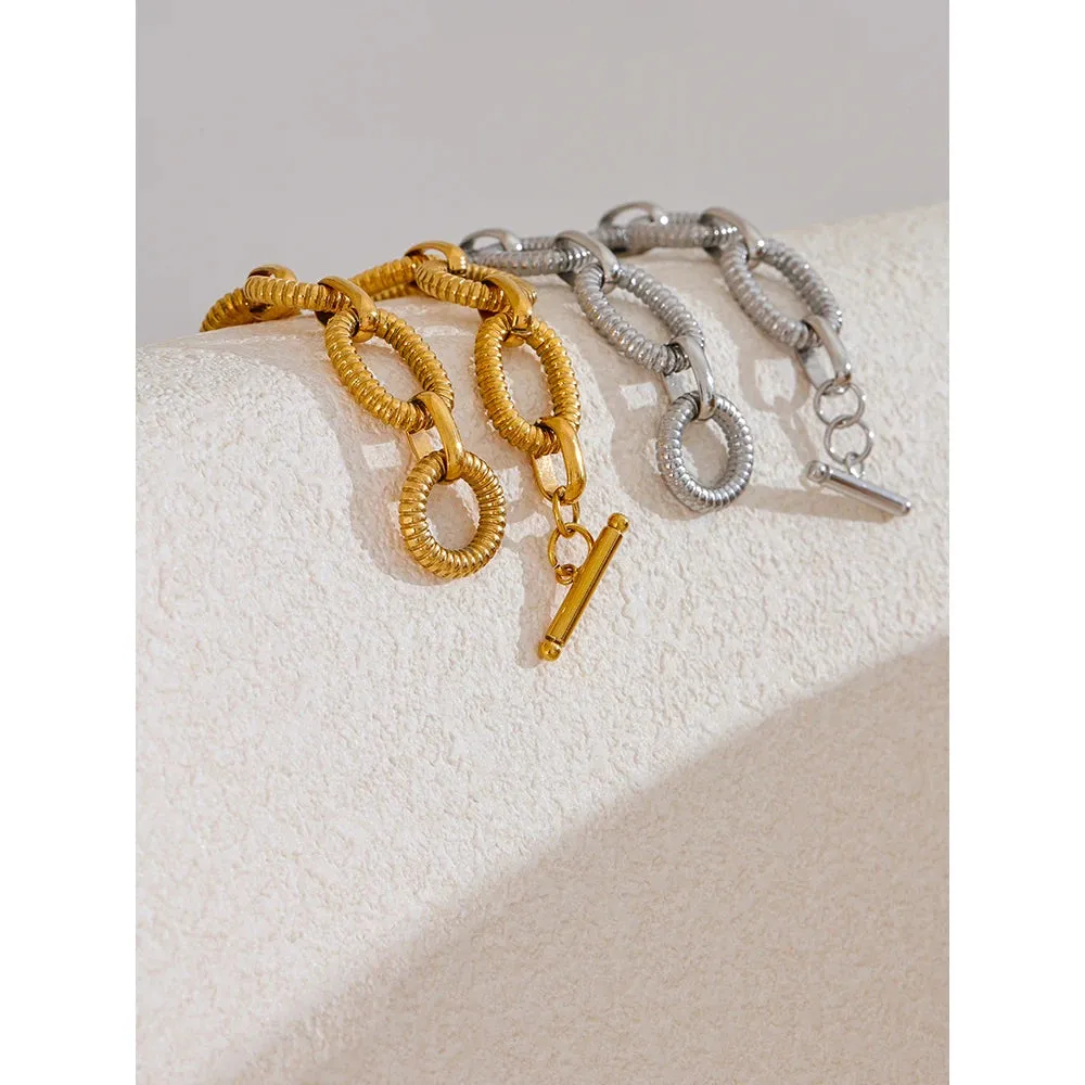 KESLEY 316L Stainless Steel Metal Texture Oval Chain Bracelet Paperclip Style Statement Jewelry
