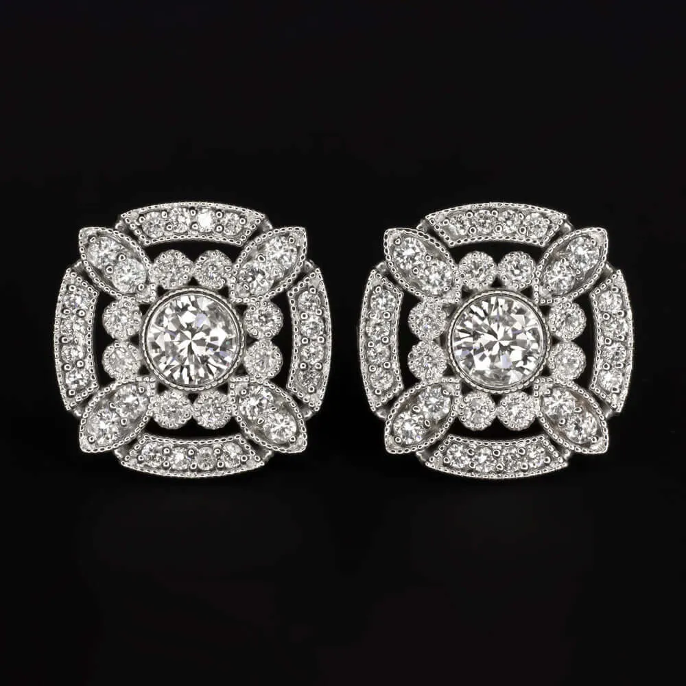 NATURAL DIAMOND 0.9ct STUD EARRINGS VINTAGE STYLE ART DECO HALO 14k WHITE GOLD