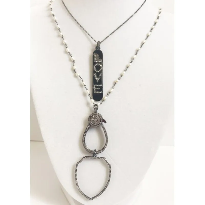 Pav Gunmetal Love Brail Pendant Necklace