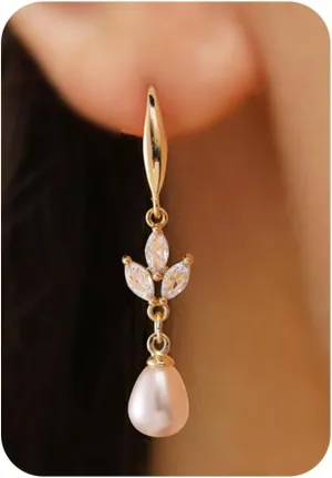 Pearl Earrings-14K Gold Plated Dainty Pearl Drop Simple Wedding CZ Dangle Dangling Cute Stud Earrings for Brides Earrings for Women Gifts