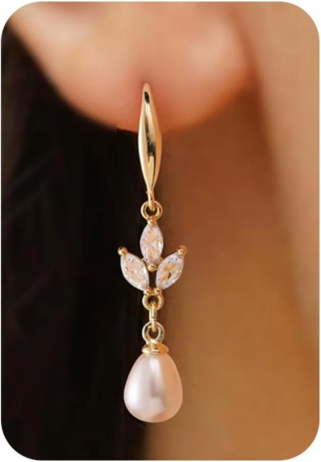 Pearl Earrings-14K Gold Plated Dainty Pearl Drop Simple Wedding CZ Dangle Dangling Cute Stud Earrings for Brides Earrings for Women Gifts