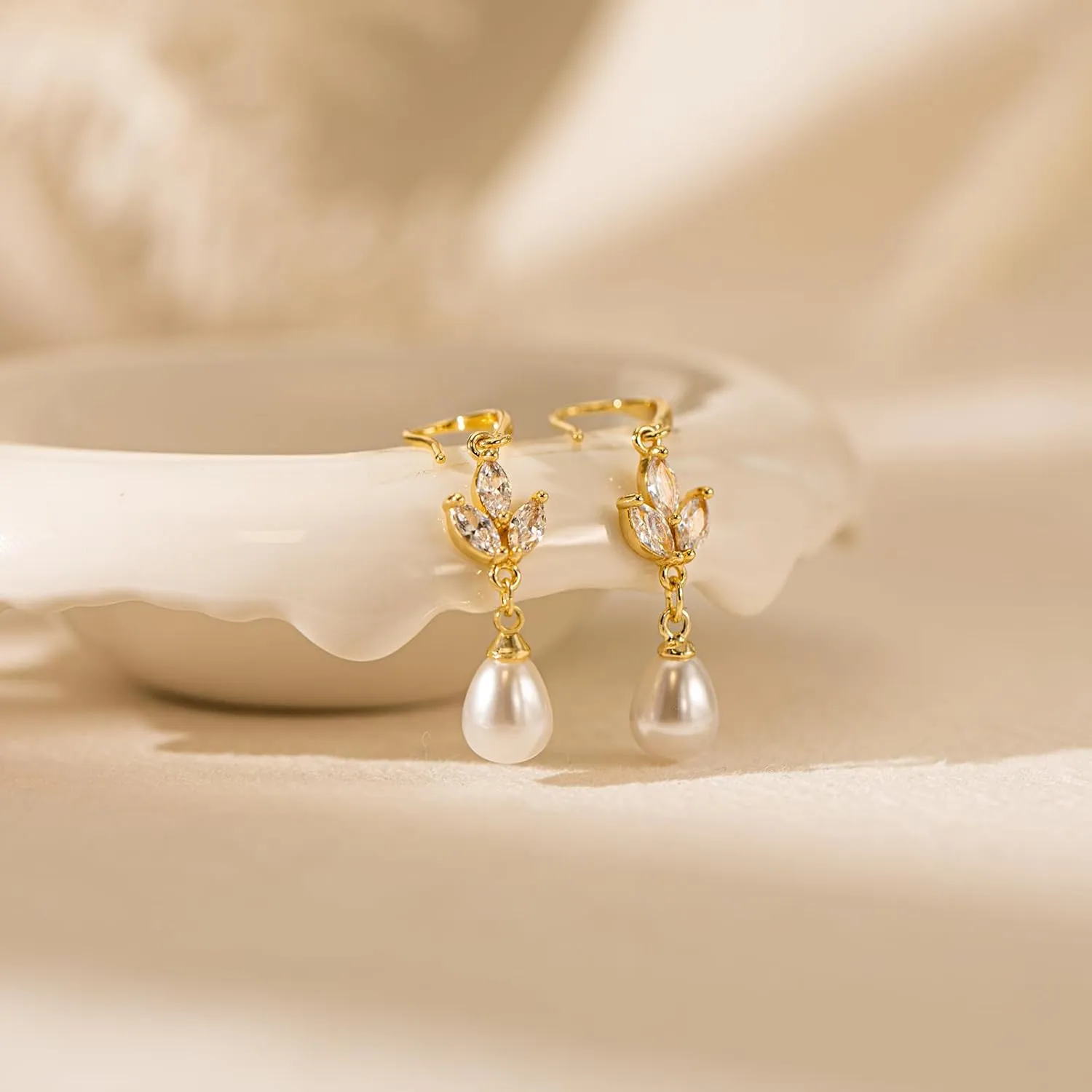 Pearl Earrings-14K Gold Plated Dainty Pearl Drop Simple Wedding CZ Dangle Dangling Cute Stud Earrings for Brides Earrings for Women Gifts