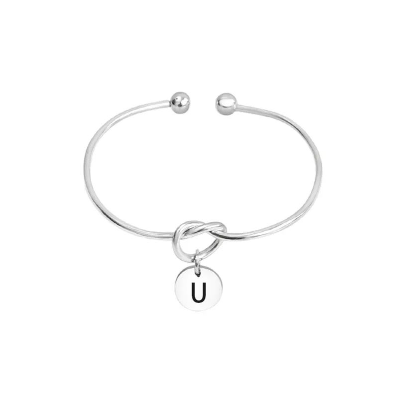 Trendy Round Stainless Steel English Letter Pendant Knot Bracelet Bangle