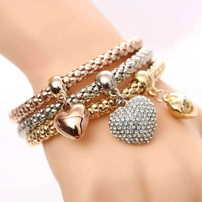 Tri-Color Austrian Crystal Heart Stretch Bracelet Set