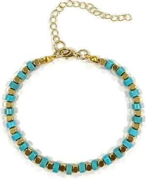 Turquoise Bracelets for Women Men Natural Stone Teal Beaded Bracelets Stackable 14K Gold Silver Chain Bracelet Boho Western Jewelry Gifts