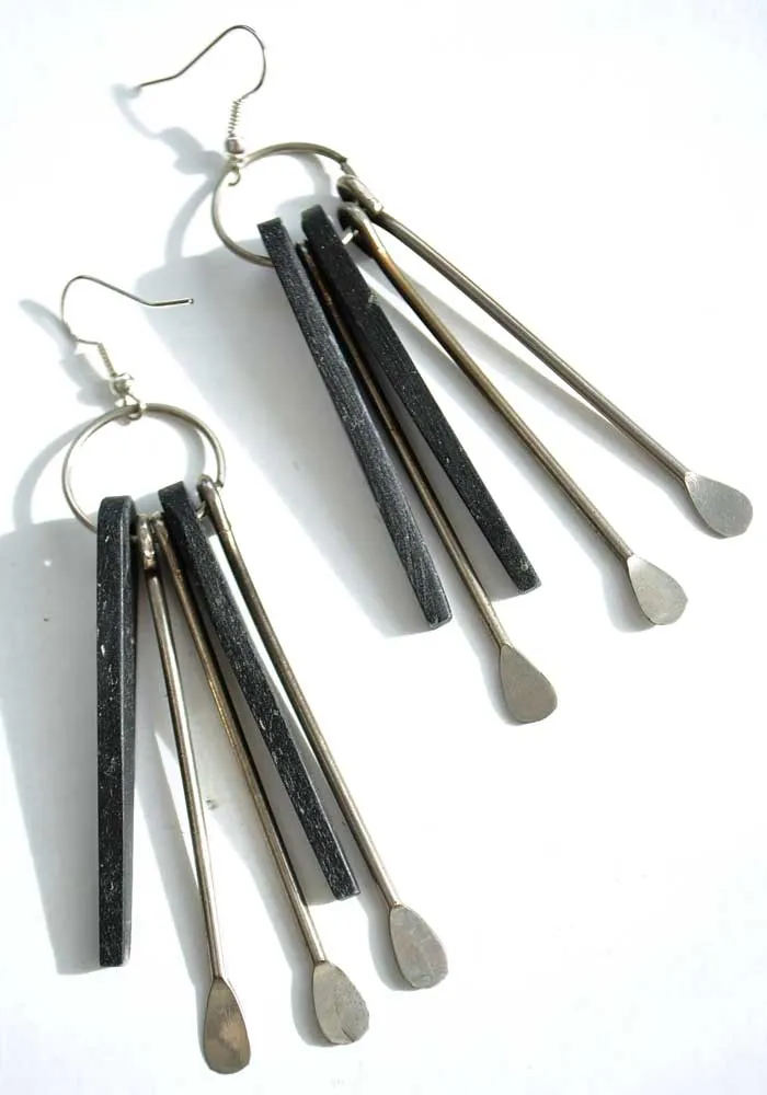 Vintage Modernist Metal & Ebonised Wood Dangle Earrings • Gypsy • Boho