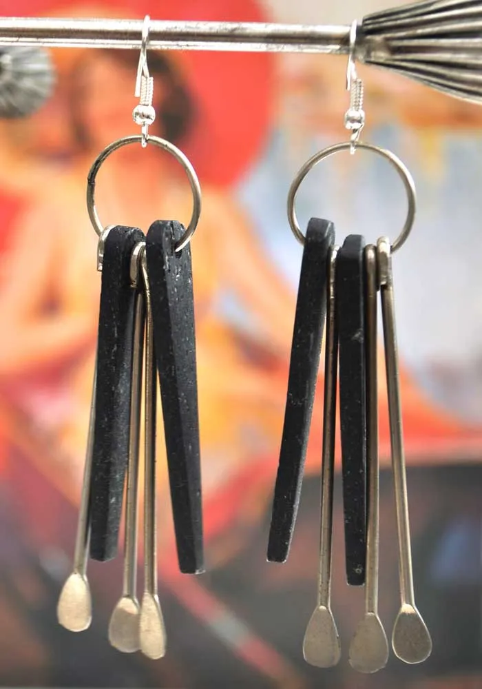 Vintage Modernist Metal & Ebonised Wood Dangle Earrings • Gypsy • Boho